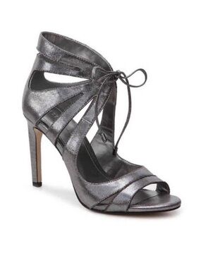 BCBGeneration Chierra Strappy Stiletto Tie Front Sandals; Pewter Metallic Sz 8.5